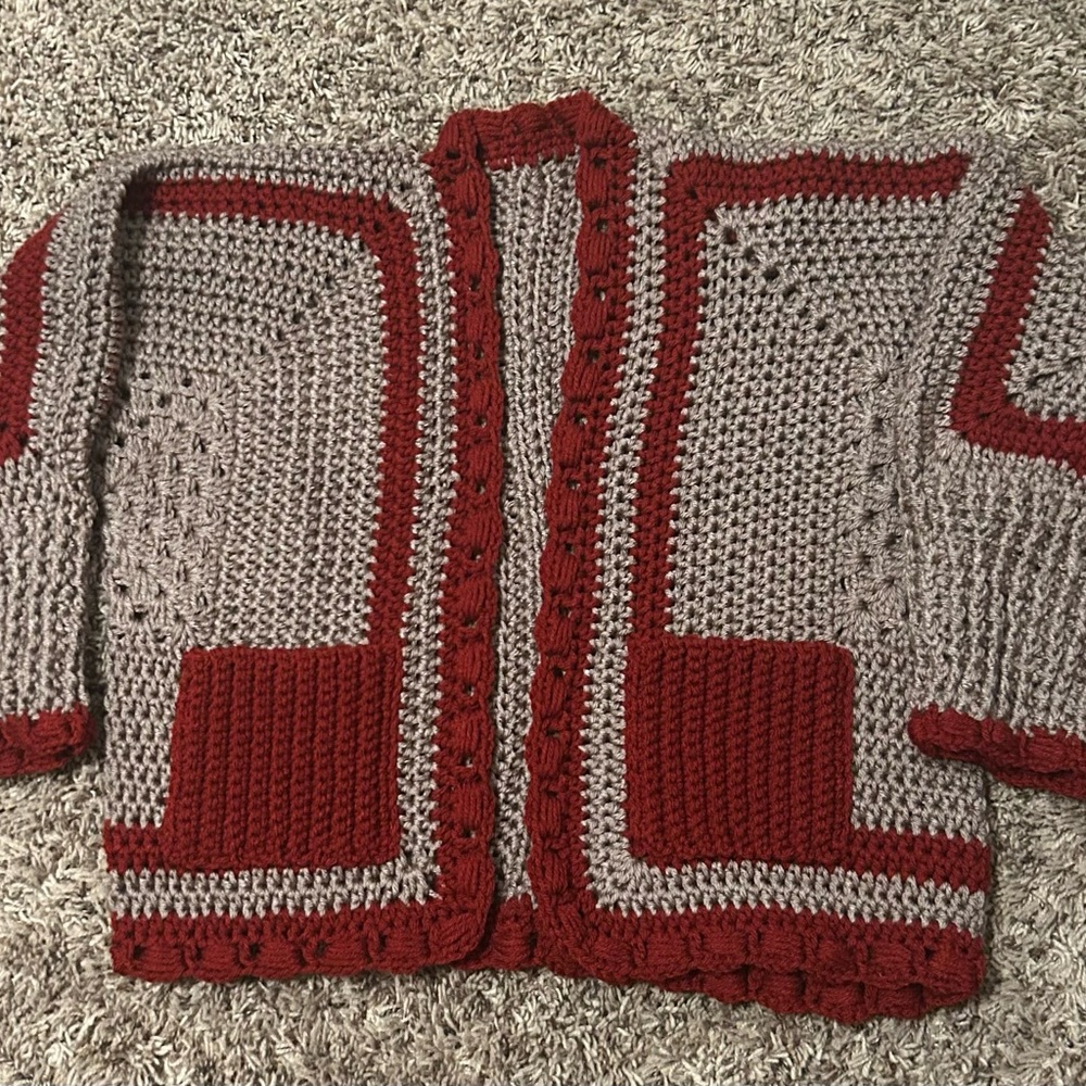 Handmade Red and Gray Crochet Cardigan